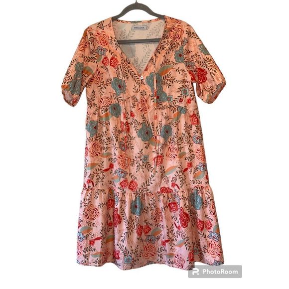 Misslook Dress Peach Floral Print Size Large Short Sleeves - Picture 1 of 4